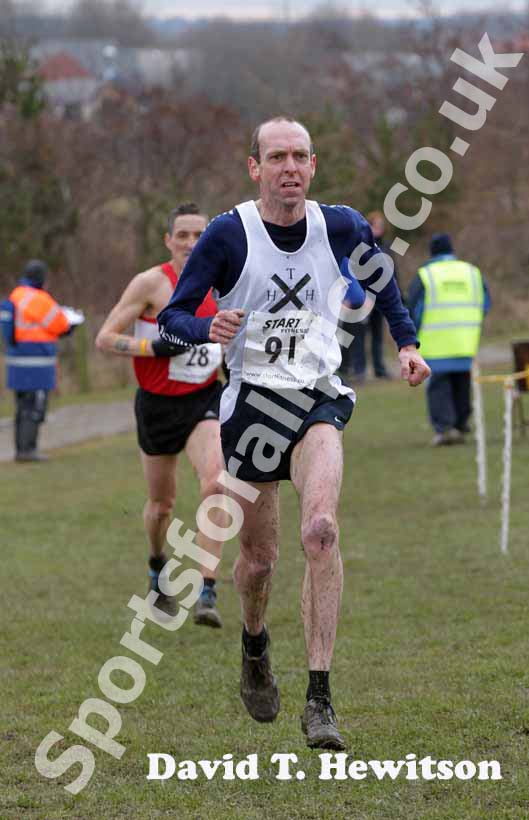 Ben Reynolds (Thames Hare and Hounds) finishing 2nd and 45-49 winner, males 35 to 64 race, BMAF Cross Country, Herrington, Sunderland.